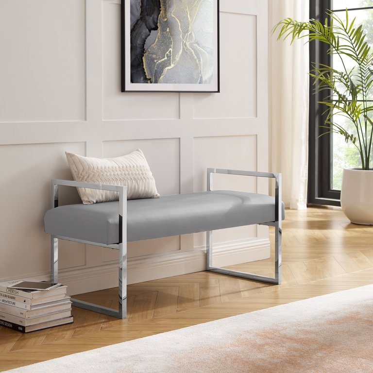 Madelyne Upholstered Bench - Grey/Chrome PU Leather