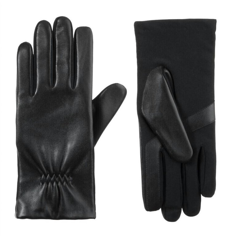 Women's Stretch Leather With Gathered Wrist Gloves In Black - Black