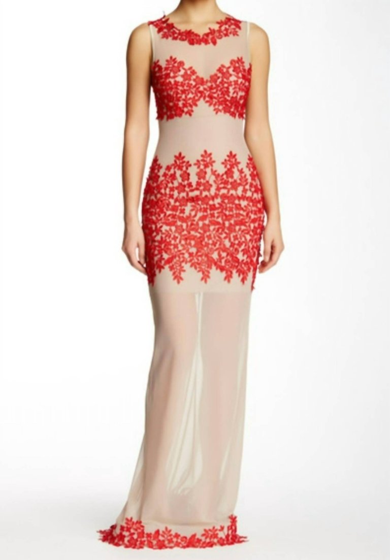 Illusion Gown In Red, Beige - Red, Beige