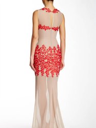 Illusion Gown In Red, Beige