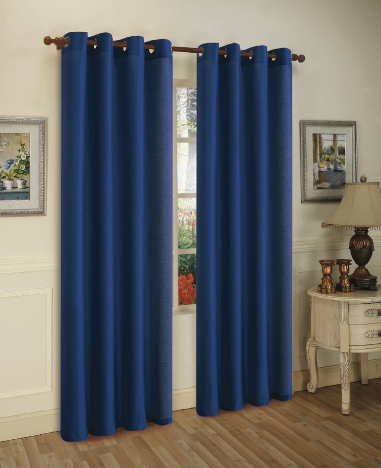 2 Panels Solid Grommet Faux Silk Window Curtain Drapes Treatment - Navy Blue