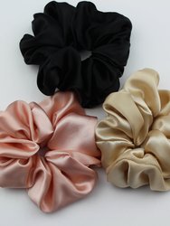 Silk Satin Scrunchie Set - Black, Almond, Rose - Black/Almond/Rose