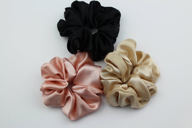 Silk Satin Scrunchie Set - Black, Almond, Rose - Black/Almond/Rose