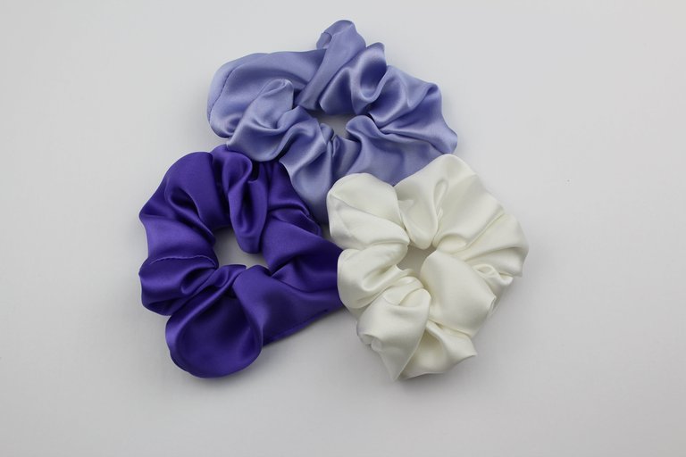 Silk Satin Scrunchie Set - Lavendar, Ivory, Violet - Lavendar/Ivory/Violet