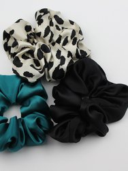 Silk Satin Scrunchie Set - Leopard, Black, Ocean - Leopard/Black/Ocean