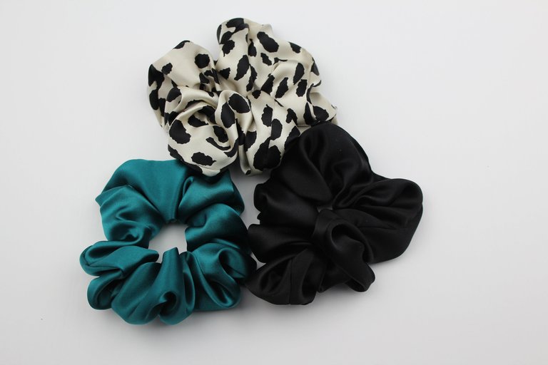 Silk Satin Scrunchie Set - Leopard, Black, Ocean - Leopard/Black/Ocean