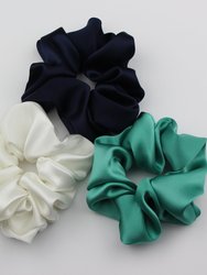 Silk Satin Scrunchie Set - Navy, Verdigris, Ivory - Navy/Verdigris/Ivory