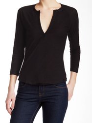 Women Split Neck Raglan Sleeve T-Shirt - Black