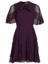 Short Sleeve Chiffon Dress With Cape & Ruff - Plum - Plum