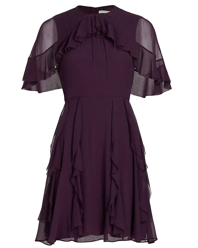 Short Sleeve Chiffon Dress With Cape & Ruff - Plum - Plum