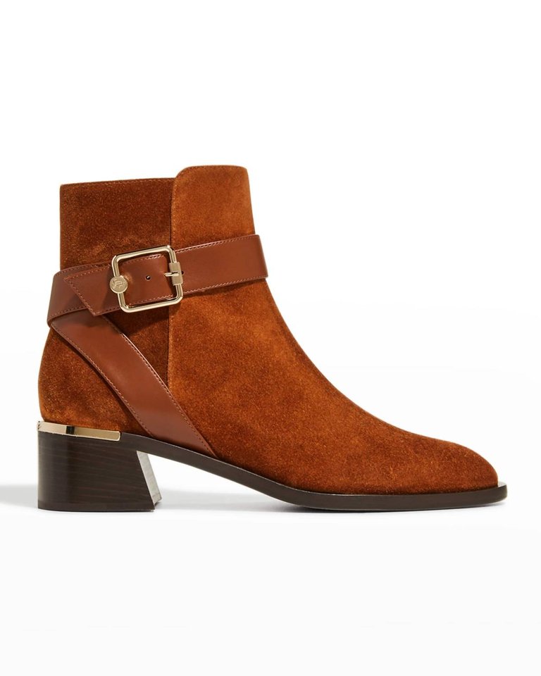 Clarice Suede Buckle Ankle Boot - Dark Tan