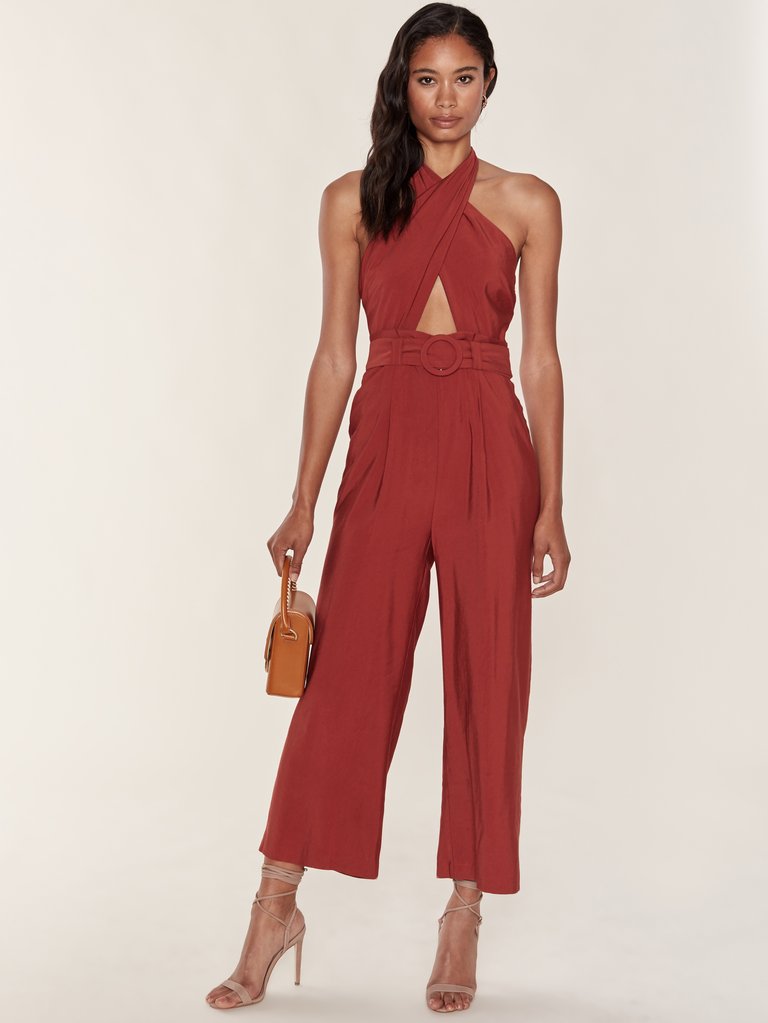 Belted Cut Out Halter Neck Jumpsuit - Brick