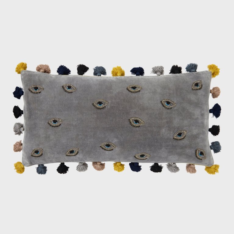 Embroidered Evil Eye Pillow - Grey