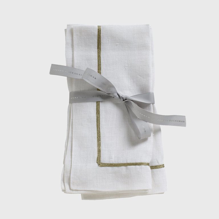 Gold Trim Linen Dinner Napkins - White