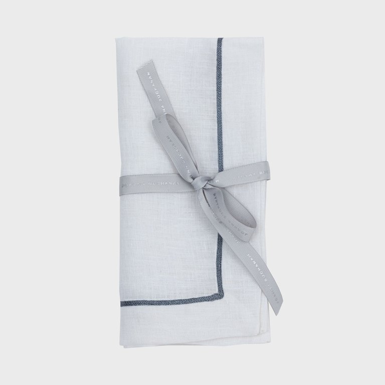 Gunmetal Trim Linen Dinner Napkins - White