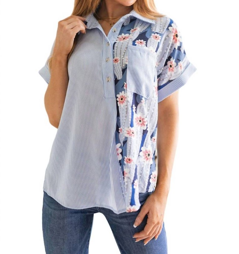 Best Of Both Worlds Button Down Top In Blue - Blue