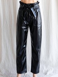 Faux Leather Belted Waist Pants - Black