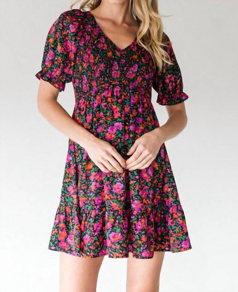 Floral Print Smocked Baby Doll Dress In Black - Black