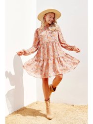 Floral Tiered Long Sleeve Dress - Grey/Rust Mix