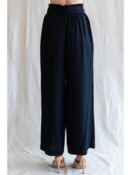 Solid Wide Leg Pants With Stretch-Band Ribbon And Self-Tie Waist