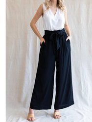 Solid Wide Leg Pants With Stretch-Band Ribbon And Self-Tie Waist - Black