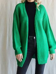 Textured Bubble Sleeve Cardigan In Kelly Green - Kelly Green