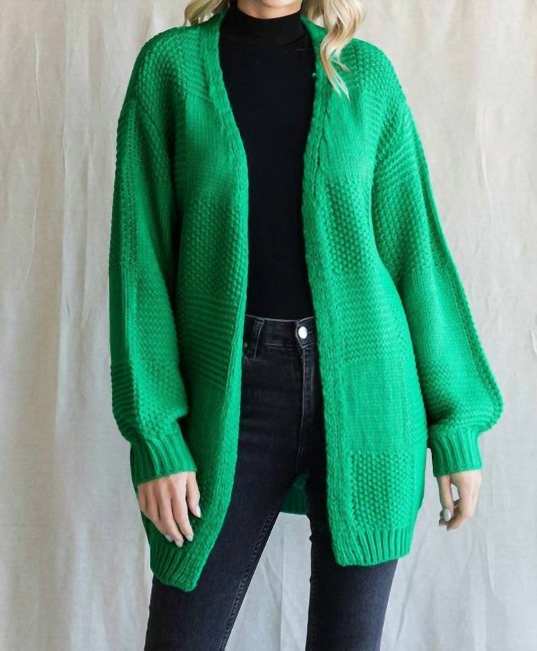 Textured Bubble Sleeve Cardigan In Kelly Green - Kelly Green