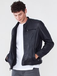 Band Collar Leather Jacket - Black