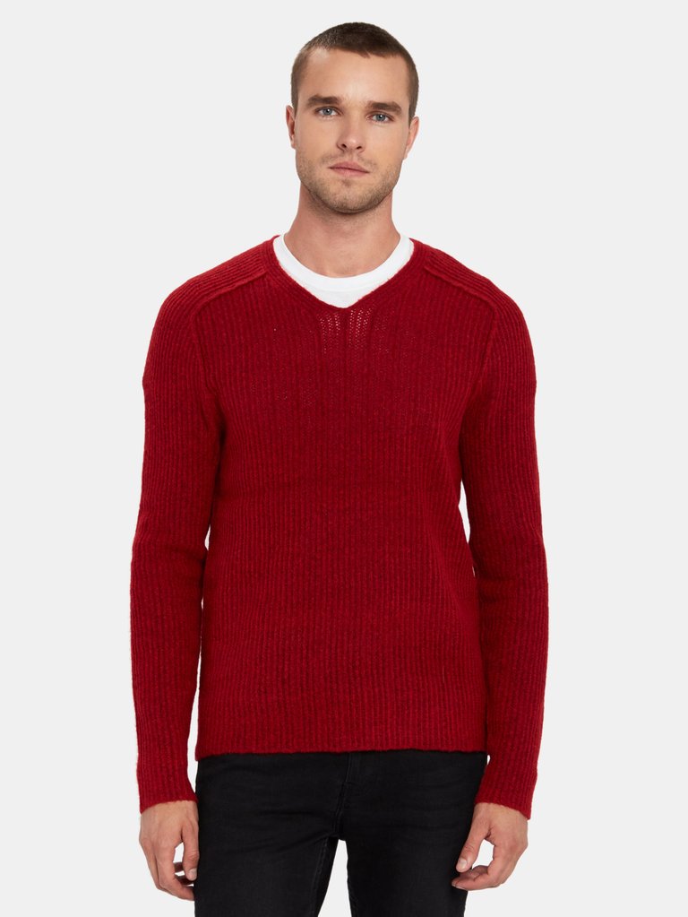 Omaha Brushed Rib V-Neck Sweater - Red