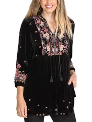 Joanna Velvet V-Neck Mandarin Tunic - Black