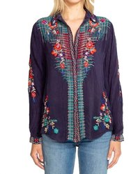 Plaid Embroidery Button Down Shirt - Blue Gravel