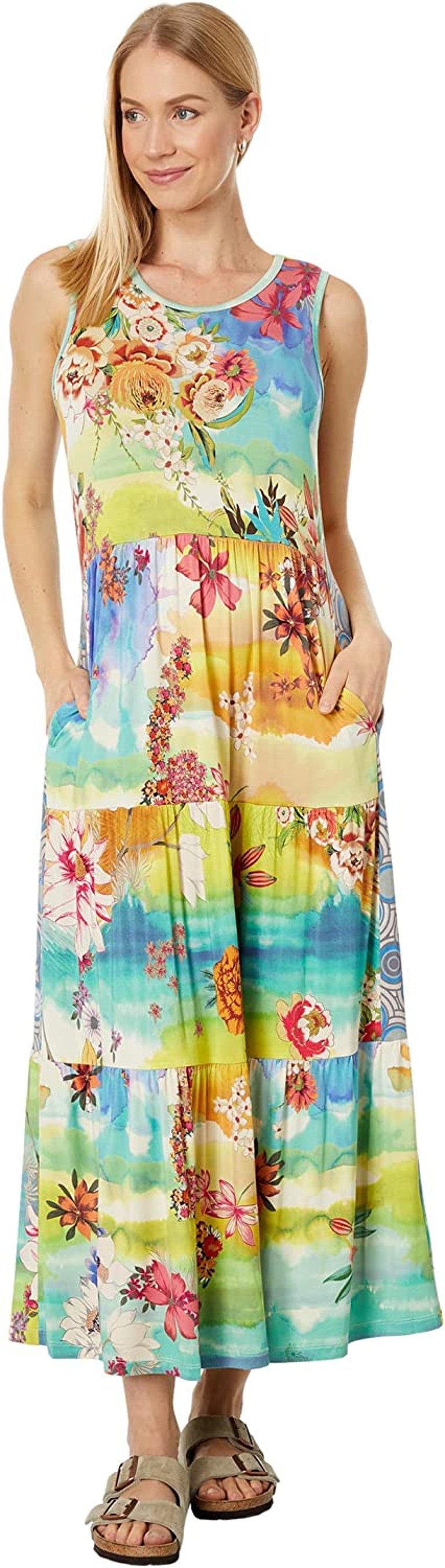 Tie Dye Sleeveless Tiered Midi Dress - Multi - Multi