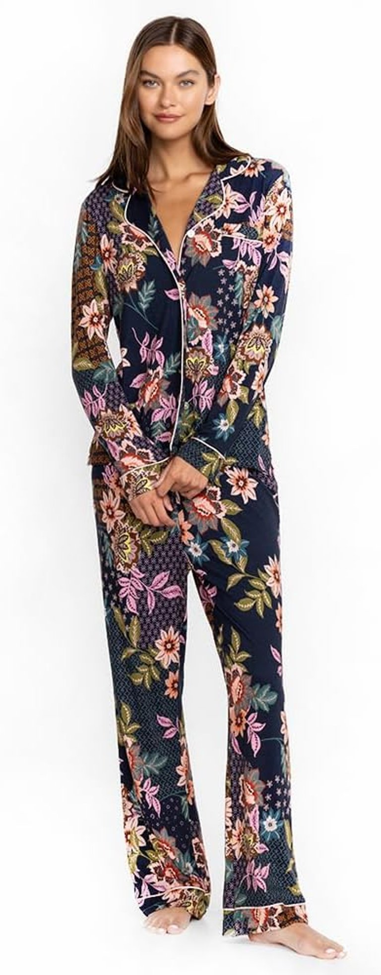 Women Cotton Modal Collared Delfino Long Sleeves Pj Set Multicolor - Multicolor