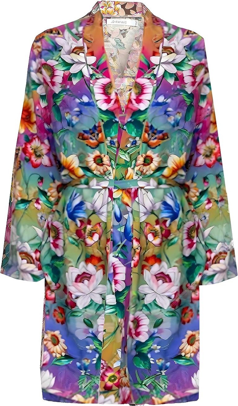 Women Evelyn Floral Cotton Silk Belted Tie Robe - Multicolor