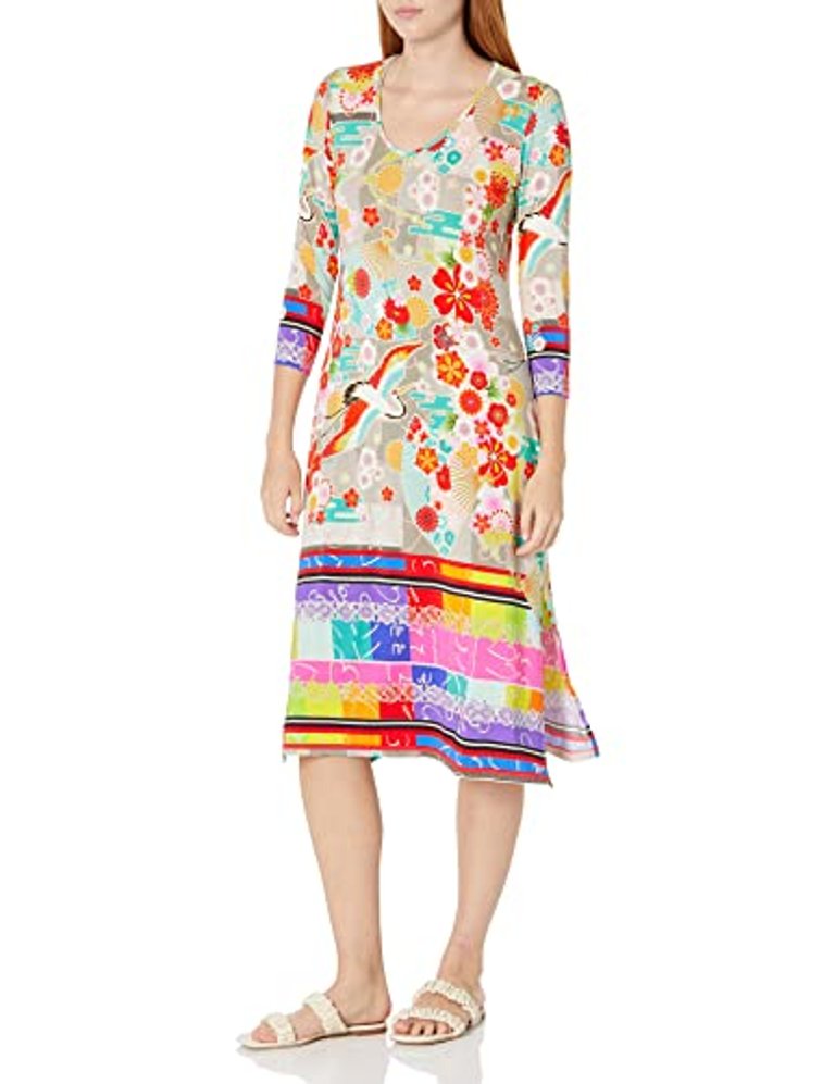 Women Fuji High Slit 3/4 Sleeve Midi Length Knit Dress Multi Color - Multicolor