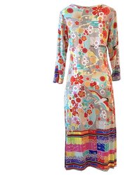 Women Fuji High Slit 3/4 Sleeve Midi Length Knit Dress Multi Color