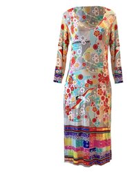 Women Fuji High Slit 3/4 Sleeve Midi Length Knit Dress Multi Color