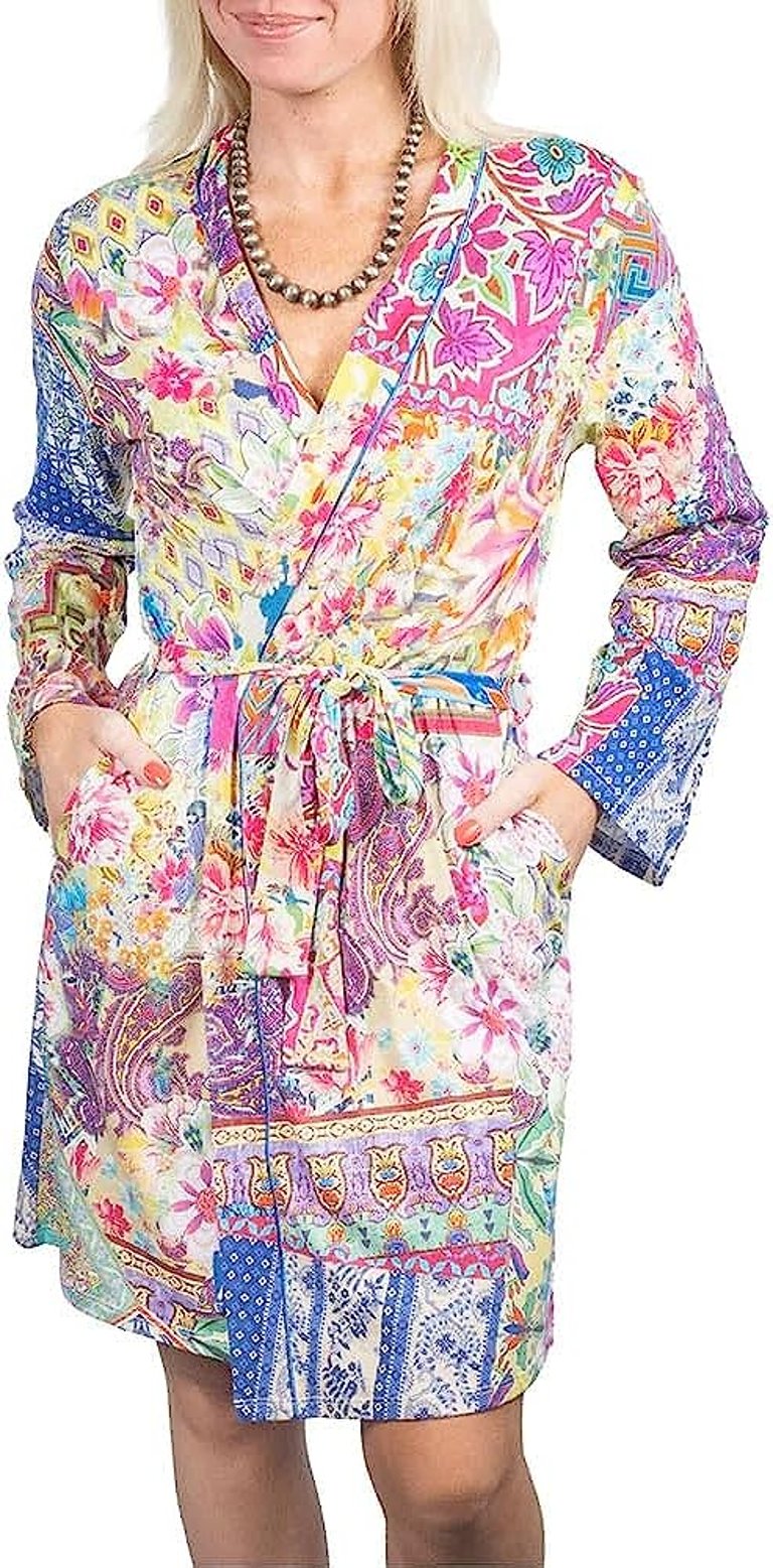 Women Talavera V-Neck Belted Cotton Modal Sleep Robe - Multicolor
