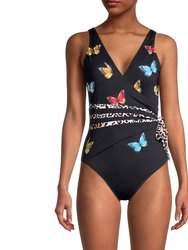 Women's Monarch Butterfly Print Wrap Swimsuit - Black