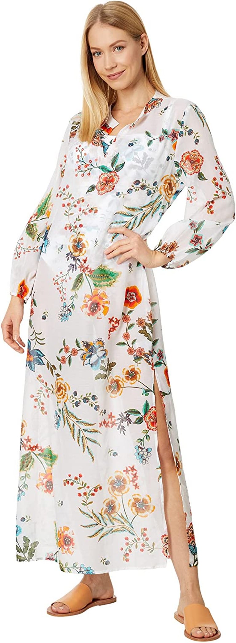 Women's Puff Sleeve Maxi Dress Multi White Floral Print - Multicolor
