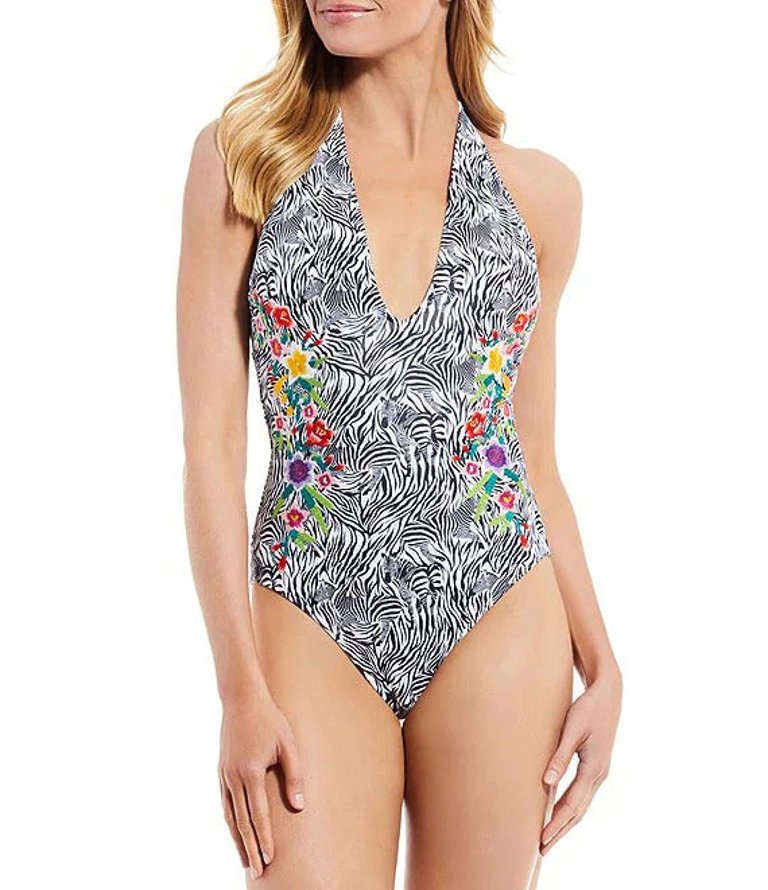 Women's Spring Halter Embroidered One-Piece Zebra Print - Multicolor