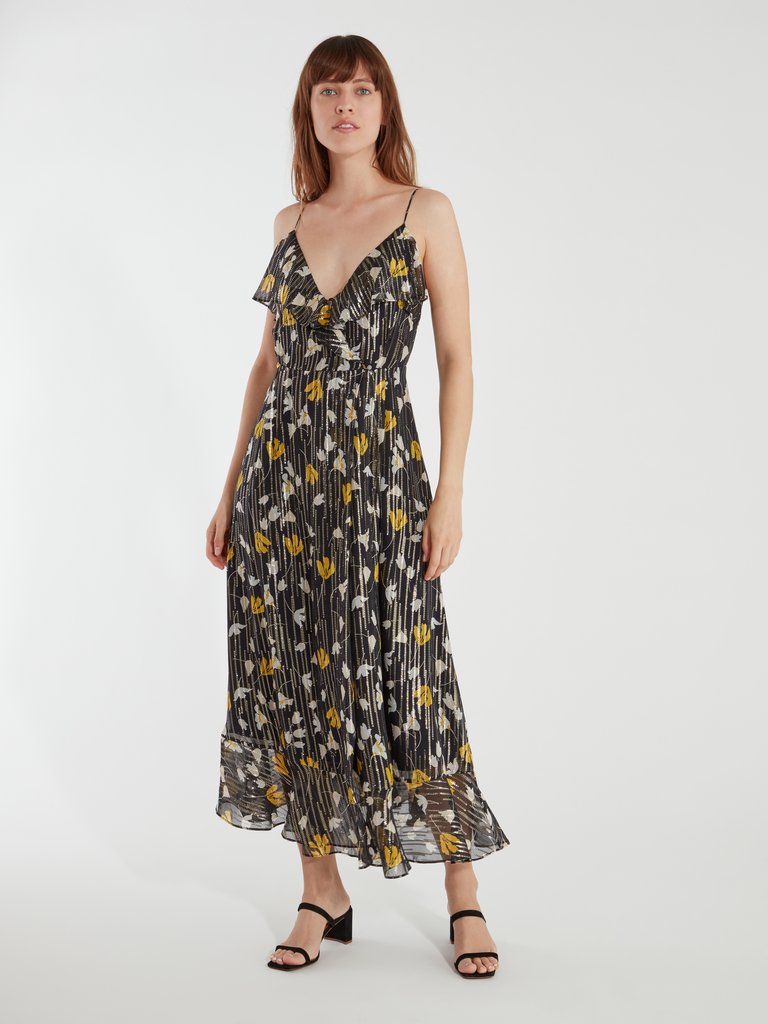 Kenny Silk Blend Floral Metallic Wrap Dress