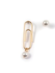 Asymmetrical Pearl & Giant Paperclip Earrings - Gold/White