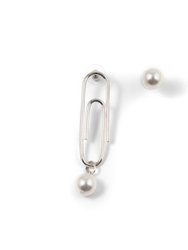 Asymmetrical Pearl & Giant Paperclip Earrings - Rhodium/White