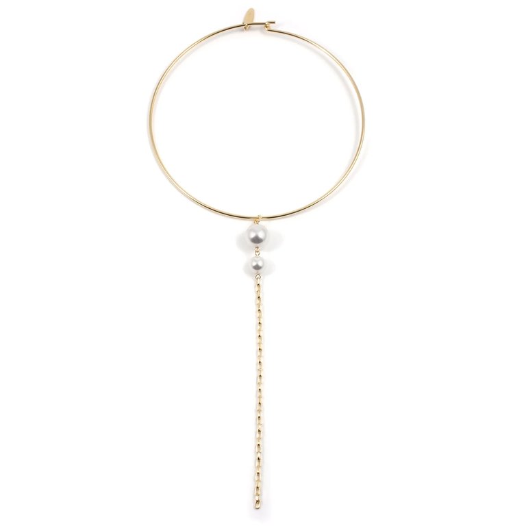 Choker w/ Pearls & Long Chain - Gold/White