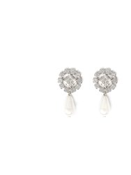 Crystal Flower & Pearl Earrings - Rhodium/Crystal/White