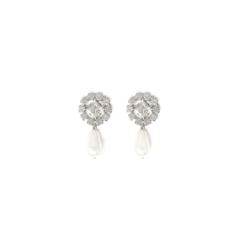 Crystal Flower & Pearl Earrings - Rhodium/Crystal/White