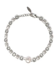 Crystal & Pearl Choker w/ Large Pearl Center - Rhodium/Crystal/White