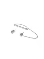 Crystal Stud Earrings & Crystal Ear Cuff w/ Connecting Chain - Rhodium/Crystal