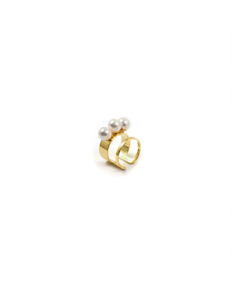 Double Band Ring w/ 3 Pearls - Gold / White